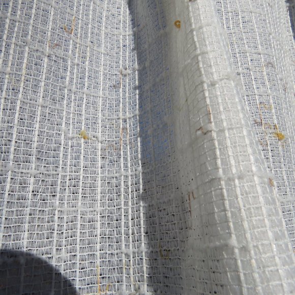 Long retro loose weave net curtains -white w/ brown/taupe/ecru textured banding - Picture 3 of 16